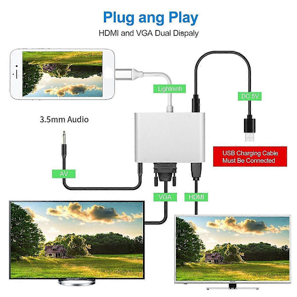 Lightning til HDMI/VGA Adapter med Lyd