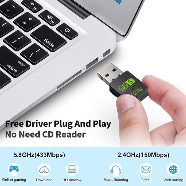 Adapter USB WiFi Bluetooth 600 Mbps - Dobbeltbånd 2.4/5 GHz - Kompatibel med Windows og MacOS