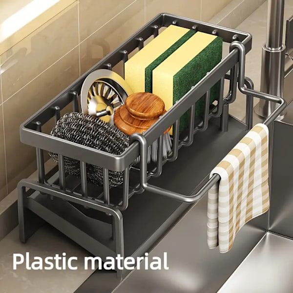 1. disktrasa og svampeholder i plast, multifunktionel PP-opbevaringsstativ med drypbakke, hjemorganisering og opbevaring