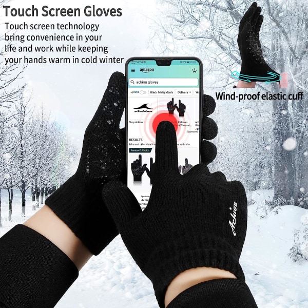 Vinterstickade handskar pekskärm för att hålla varma, mjuka elastiska muddar (svarta)