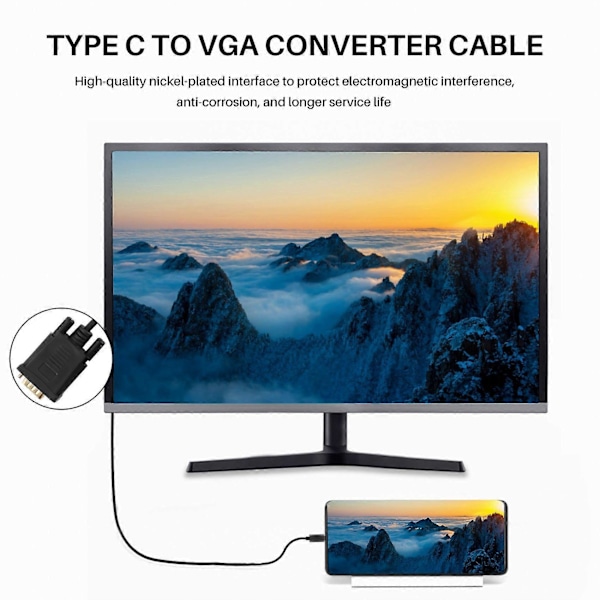 Type C til VGA-konverterkabel USB C til VGA-adapterkabel USB3.1 Type C-kabel til 12-tommer bærbar computer 1,8M