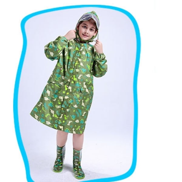 Regnfrakke børneregnfrakke--grøn dinosaur med skoletaske M