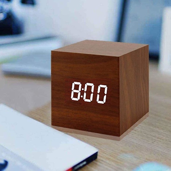 Digital väckarklocka i trä, LED-lampa, mini-kub, skrivbordsväckarklocka visar tid, datum, temperatur för hemmet, köket