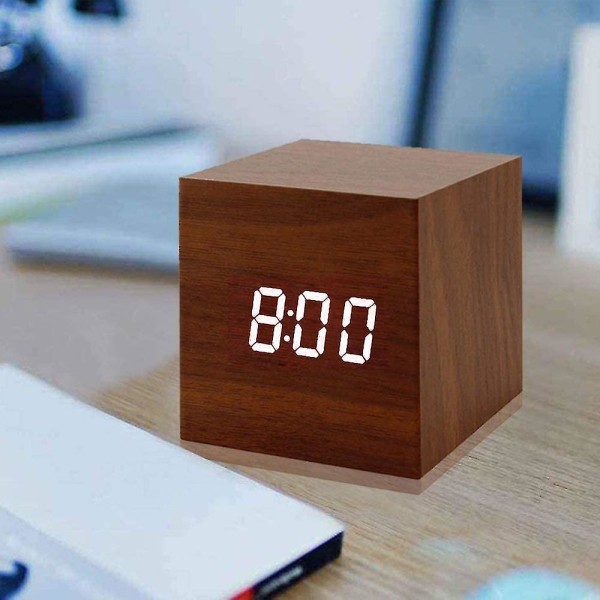Digital väckarklocka, trä LED-ljus Mini Cube Skrivbordsväckarklocka Visar Tid Datum Temperatur För Hem Kök