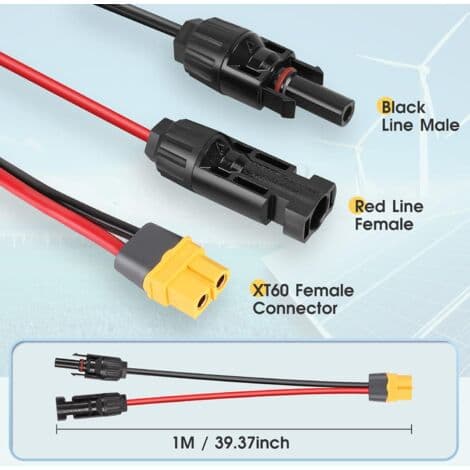 XT60 til solpanel opladerkabel, 12AWG, 100CM stik til bærbare solgeneratorer