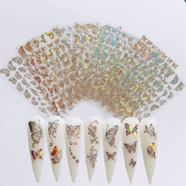 Nail Art selvklæbende klistermærkeark - Forskellige laserguld- og sølvfarvede sommerfugleformer Neglekunstdekoration