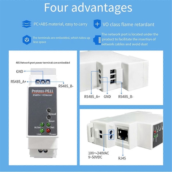 DIN-skena Seriell Port RS485 till Ethernet Konverter Server Protoss MQTT PE11-H Stöd Modbus TCP RTU