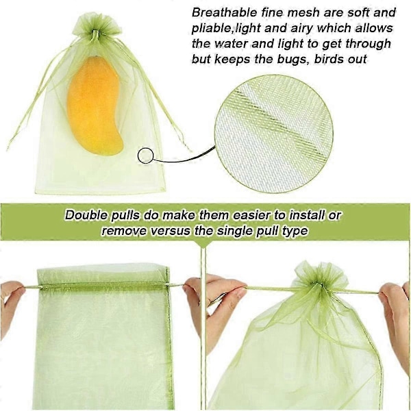 100 stk. Fruktbeskyttelsesposer (10 x 15 cm) Grønn nettingpose med snøring for fruktbeskyttelse Grønnsakshage P20211224760