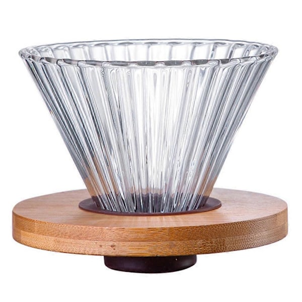 Kaffedripper i glass, trakt, dryppkaffemaker, filter, gjennomsiktig, gjenbrukbar, hell over bryggekopp med treholder E