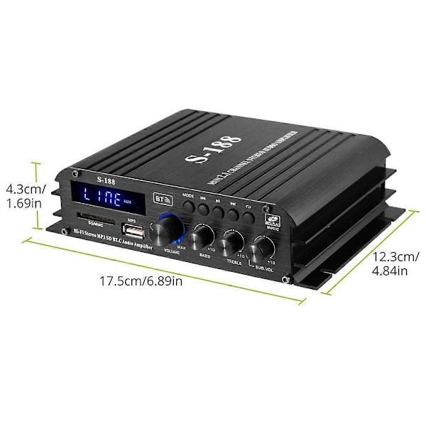 90W S-188 Bluetooth Stereo HiFi Forstærker 2.1 CH Audio Effektforstærker Bas Diskant Kontrol Musik Pl