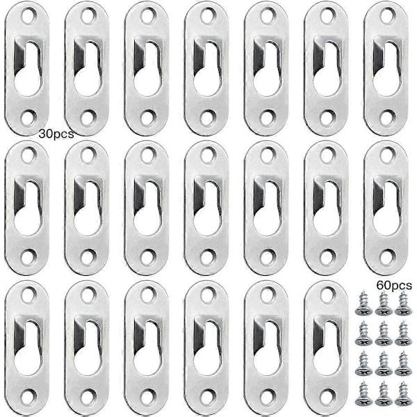 30 stk. Metall nøkkelhullkroker 45mm x 16mm med 60 skruer Nøkkelhullkroker - Sølv