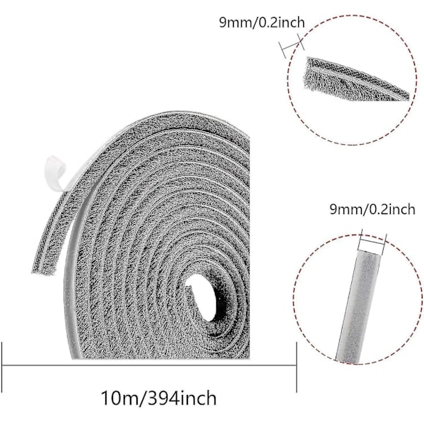 10m Børsteskinne, Vind- og Støvtett Selvklebende Børsetetting For Bevegelige Vinduer Og Dører, 9mm Bredde X 9mm Høyde, Grå Betterlifefg