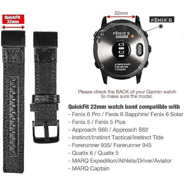 22 mm Nylonrem Passer Til Garmin Fenix 5/fenix 6 (Sort)