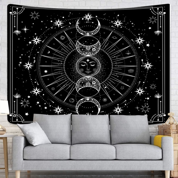 Sol og måne vegghengende stjernehimmel psykedelisk svart og hvit hjemmeteppe (59 tommer x 51 tommer)