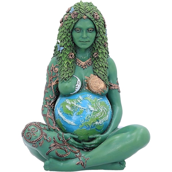 Liten eterisk staty av jordgudinnan Gaia, konstgjord figur, grön