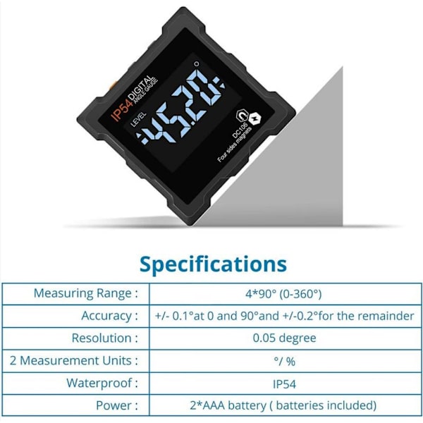 4*90 Graders Inclinometer IP54 Magnetisk LCD Digital Tilt Box Præcisionsvinkelmåler 4.1stk
