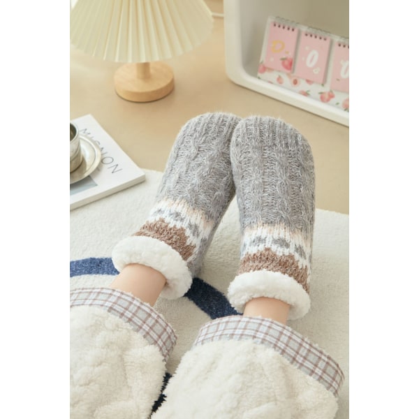 Søte sokker damers fluffy hjemmesokker varme sokker sklisikre tøfler tykke sokker vinterhyttesokker grey