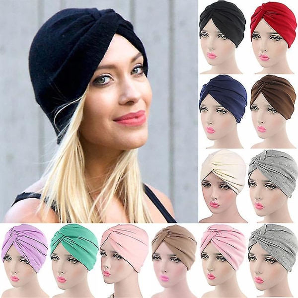 Dame Turban Wrap Muslim Caps Hijab Hats Bandana Hodeskjerf, Blå