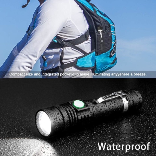 Uppladdningsbar taktisk ficklampa, IPX6 vattentät, zoombar, liten ficklampa, nödläge