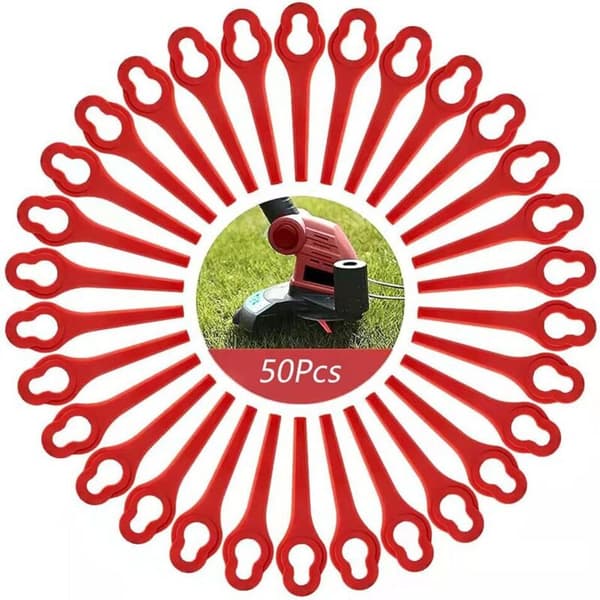 Pakke med 50 PA6 plastblader kompatible med Ferrex gresstrimmere. Erstatningsblader for Ferrex batteridrevne gresstrimmere. Aldi