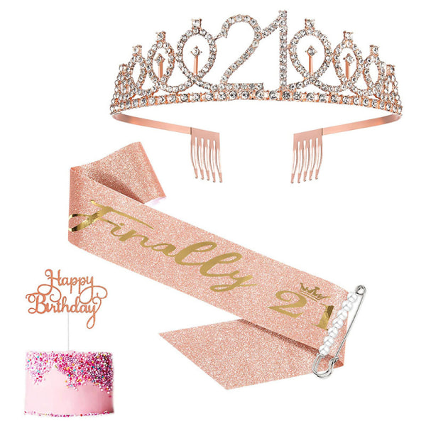 21-års bursdagsbelte og tiara for kvinner, bursdagsbelte i rosegull, krone, belte og tiara for damer