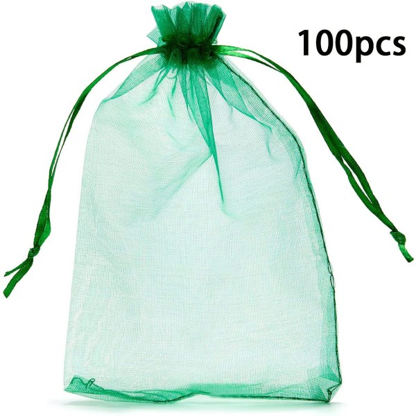 100 STK gennemsigtige organzatasker med snøre til sliksmykker til bryllupsgave (grøn)