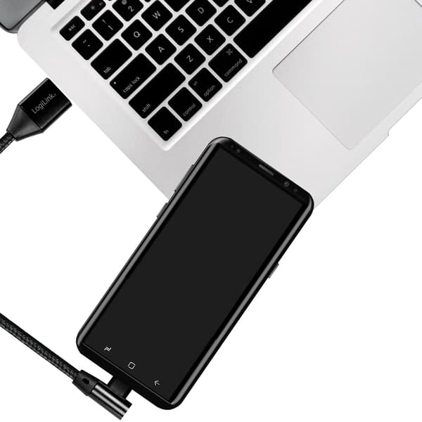 USB-A–USB-C-kaapeli, kulmikas, punottu, 15 W, 0,3 m, musta