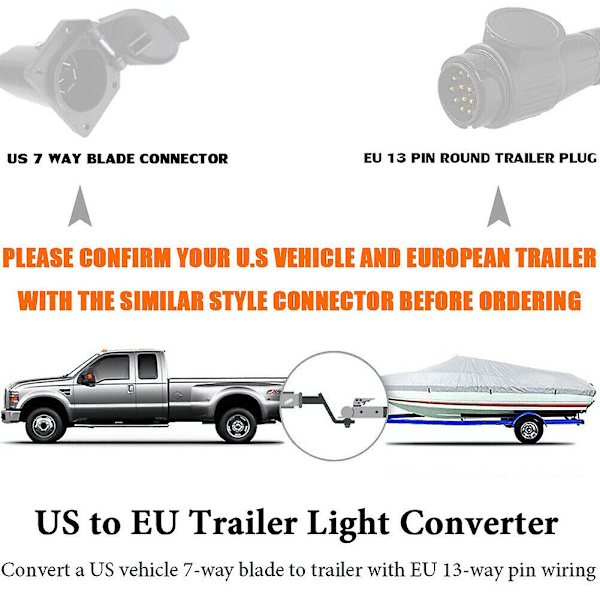 Adapter for tilhengerlys fra USA til Europa, 7-polet flatkontakt (US-kjøretøy) til 13-polet rundkontakt (EU-tilhenger)