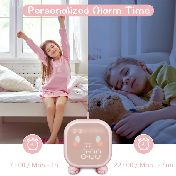 Børnevækkeur, Digitalt vækkeur til børneværelset, Wake Up Light med USB-vækkeur (Pink)
