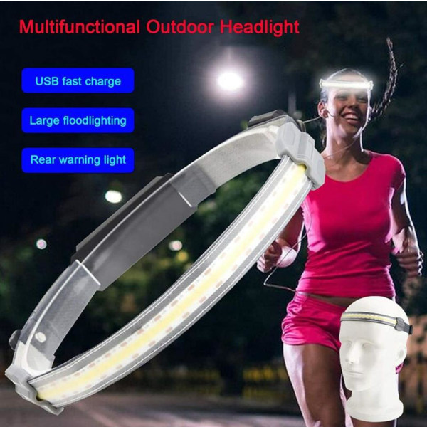 USB COB LED-strålkastare, slitstark elastisk pannlampa med ultralåg profil, lätt design, vattentät, ljusa LED-lampor, 3 lägen, för löpning, vandring