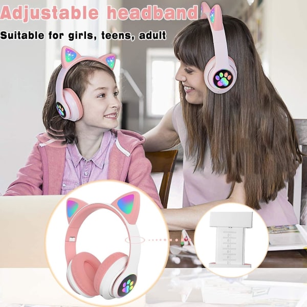 Zk-kids hörlurar med mikrofon, trådlösa Bluetooth -hörlurar med led kattöron, hopfällbara barnhörlurar för skola/surfplatta/telefon/pc/tv, rosa/vit