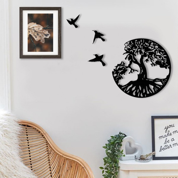 30 cm sort metal Livets træ vægkunst - 3 flyvende fugle vægskulptur