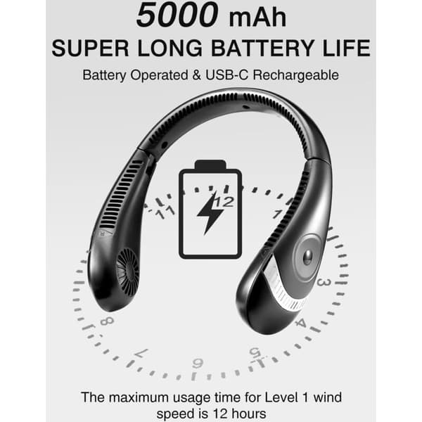 Bærbar halsventilator - USB-halsventilator med indbygget genopladeligt batteri, foldbart pandebånd og display - Sort
