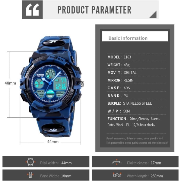 Digitaalinen watch urheiluvedenpitävä elektroninen watch herätyskello sekuntikello (tummansininen naamiointi)