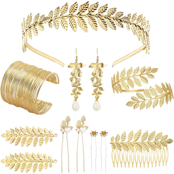 11 stk gresk gudinne kostyme tilbehør sett for kvinner Golden Laurel Leaf Crown Arm Cuff Perle øredobber Brude Bryllup Hodepynt Halloween Toga kostyme