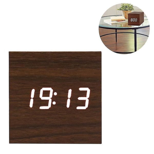 Digital väckarklocka, trä LED-ljus Mini Cube Skrivbordsväckarklocka Visar Tid Datum Temperatur För Hem Kök