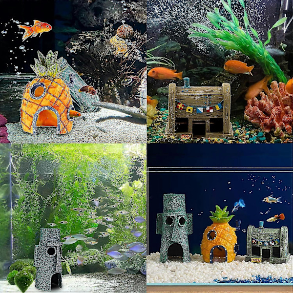 9 stycken tecknade akvariedekorationer, hartsgrotta, gömställe för fiskar och räkor, harts, för undervattensdekoration, akvarium, tecknad prydnad