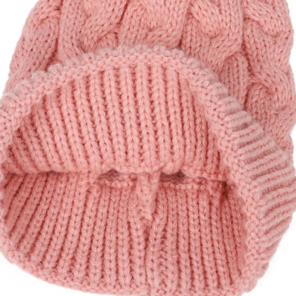 Suloinen lasten neulottu hattu tuplakarvapalloilla ja puuvillainen lämmin hattu, pinkki