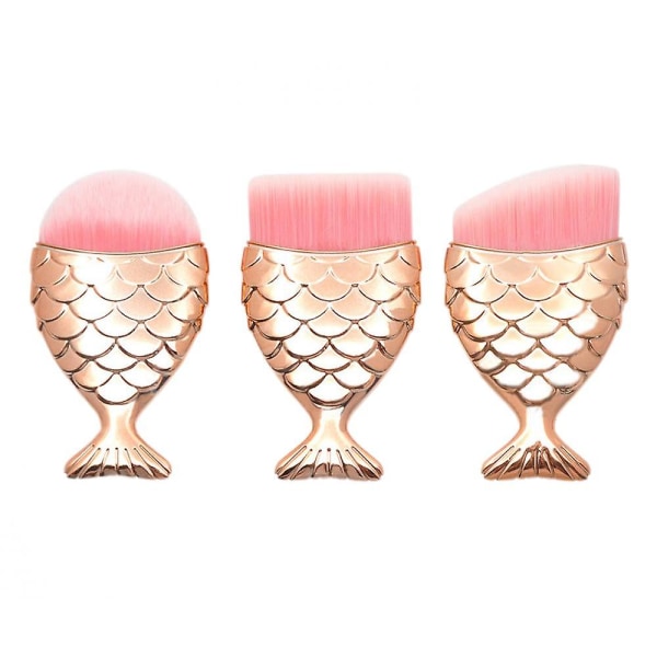 Veeki 3 stk Mermaid Foundation Brush, Gold Håndtak Makeup Brush Blush Brush Beauty Makeup Tools (rundt hode, flatt hode, skrått hode)