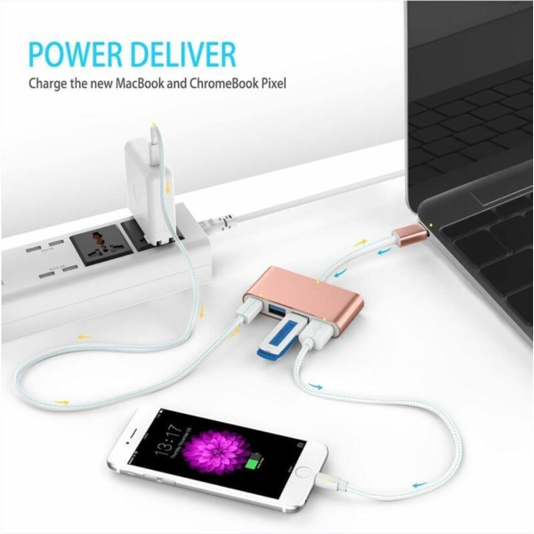 4-i-1 Type C-hubb med 3 USB 3.0-strömförsörjning kompatibel med Mac Air 2020-2018 MacBook Pro 13/15/16 etc. USB-C-adapter med multiport -Rosa
