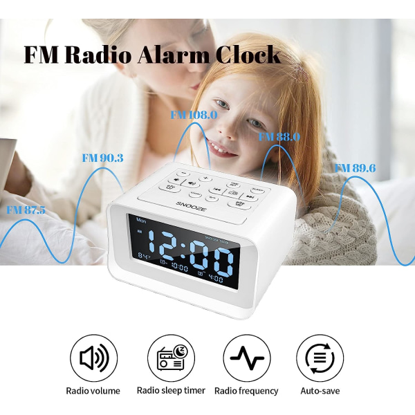 Klockradio med dubbla larm, digital väckarklocka med 2 USB laddningsportar, (vit)