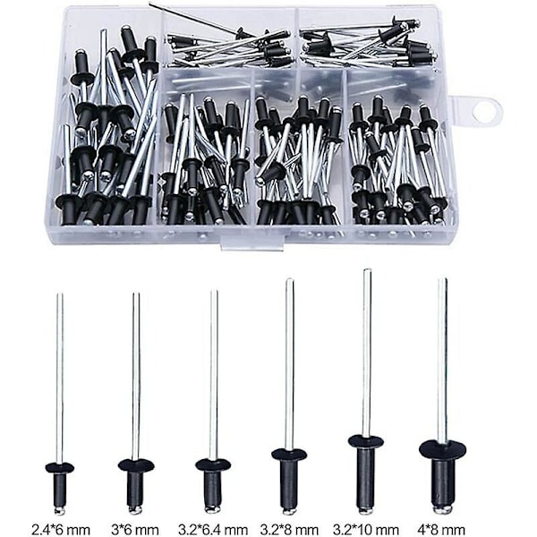 Svart nit 120 stycken blindnit med låda aluminium nit popnit popnit sortiment öppna runda nitar aluminium blindnit kupolhuvud