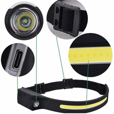 Oppladbar COB LED Hodelykt 350lm Med Bevegelsessensor
