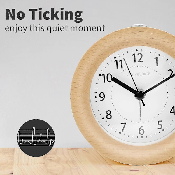 Analog väckarklocka utan tickande, väckarklocka i trä med snooze, retro väckarklocka bordsur med nattlampa, väckarklocka utan strålning Batt