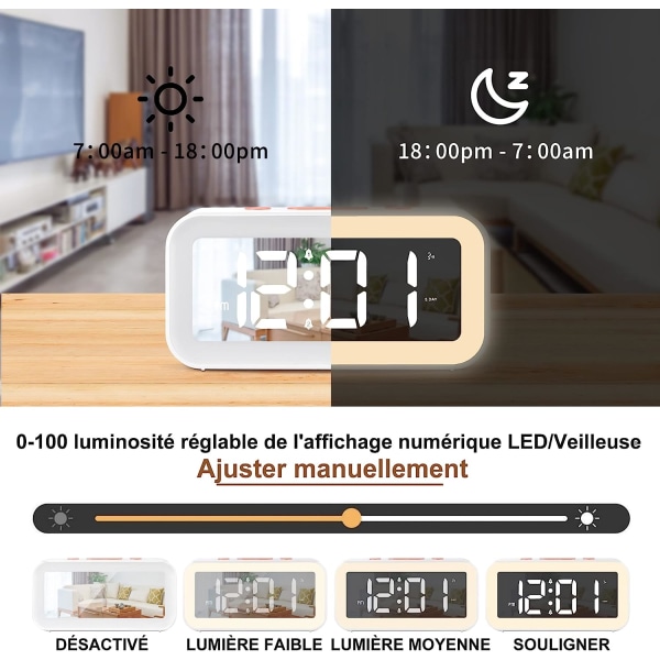 Digital vekkerklokke, LED digital klokke 2 med justerbar nattlyssnooze-funksjon (hvit)