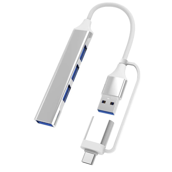 Kaksi-yhdessä USB yksi-neljään + tyyppi-c urosadapteri hopea