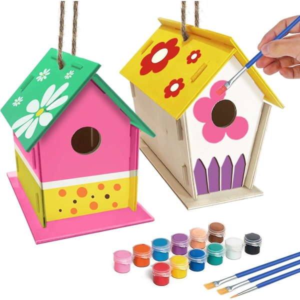 Hantverk för barn i åldrarna 4-8 - 2-pack DIY Bird House Kit - Bygg och måla Birdhouse (Inkluderar färger och penslar) Träkonst för flickor Pojkar Småbarn i åldrarna 3-