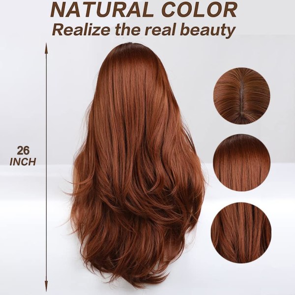 Kvinnors peruk 26 tum lång lugg Naturlig vågig - Peruk Röd Brun