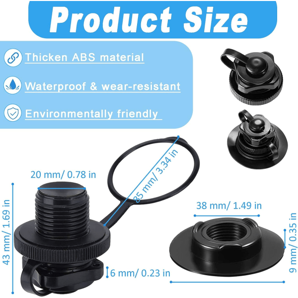 2 kpl Ilmatäytteisen veneen ilmaventiiliä, Boston-kierreilmatulpat Nopea täyttö, Lautta, Uima-allasvene - Musta