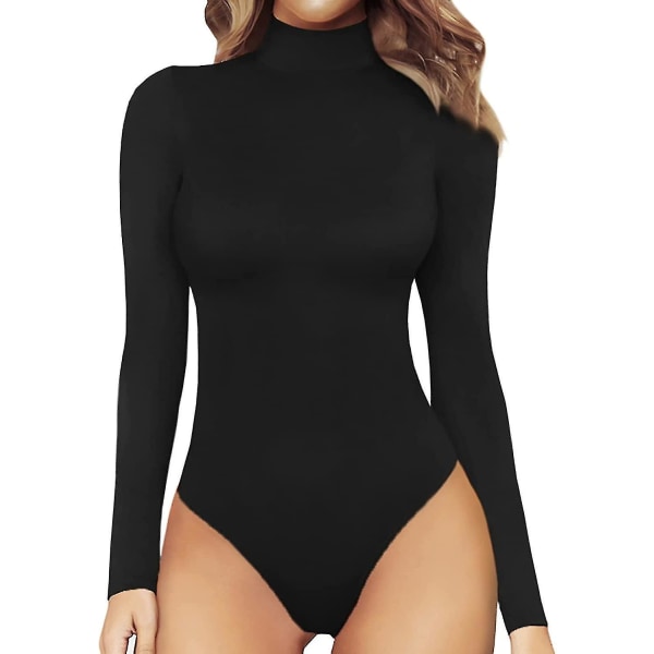 Kvinders Mock Turtle Neck langærmede toppe Bodysuit Jumpsuit Shapewear Black M